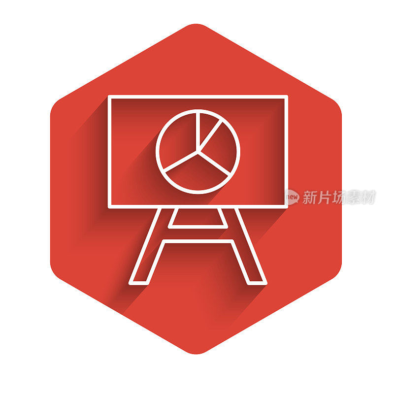 White line Board with graph chart icon isolated with long shadow. Report text file icon. Accounting sign. Audit, analysis, planning. Red hexagon button. Vector